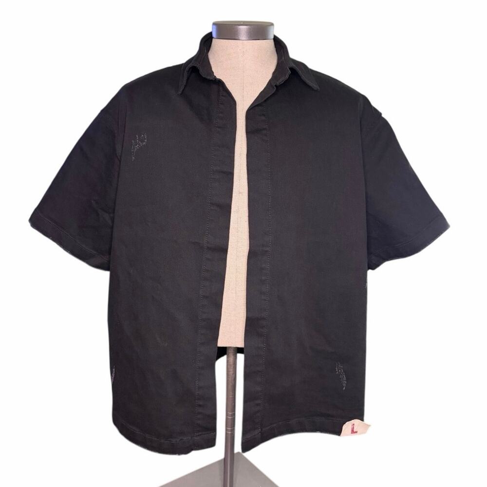ANØM Denim Oasis Short Sleeve Open Front Shirt Black Wash Distressed Size L NWT